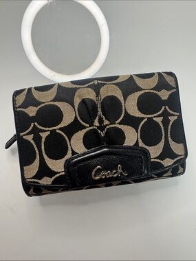 Coach Black and Tan Signature Canvas Small Wallet